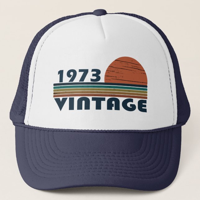 Born in 1973 vintage birthday party trucker hat (Front)