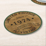 Born in 1974 vintage birthday round paper coaster<br><div class="desc">You can add some originality with this limited edition, premium quality, and original, classy, retro, and vintage-looking birthday graphic design with a cool typography font. This is a great gift idea for men, women, husbands, wives, girlfriends, and boyfriends who will love this one-of-a-kind piece of art. Unique and funny holiday...</div>
