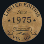 Born in 1975 vintage 50th birthday gift classic round sticker<br><div class="desc">Make your birthday special with this unique design. Add a touch of sophisticated elegance to your birthday celebration with our exquisite, one-of-a-kind designs. These graphics bring sophistication and originality to any product, creating a memorable and stylish gift. They are perfect for those who appreciate a touch of timeless glamour on...</div>