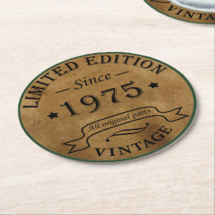 Born in 1975 vintage 50th birthday party round paper coaster