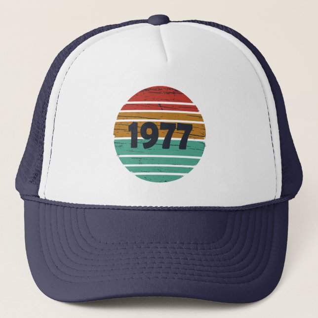 Born in 1977 classic sunset trucker hat (Front)
