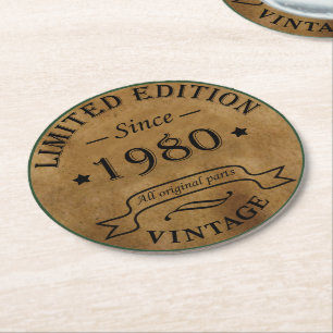 Born in 1980 vintage birthday party round paper coaster