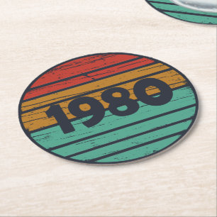 Born in 1980 vintage birthday party round paper coaster