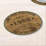 Born in 1982 vintage birthday round paper coaster<br><div class="desc">You can add some originality to your wardrobe with this original limited edition 1982 vintage rustic old retro-looking colour birthday design with awesome typography font lettering, is a great gift idea for men, women, husband, wife girlfriend, and a boyfriend who will love this one-of-a-kind artwork. The best amazing and funny...</div>