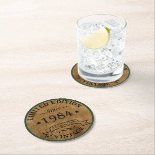 Born in 1984 elegant vintage birthday party round paper coaster