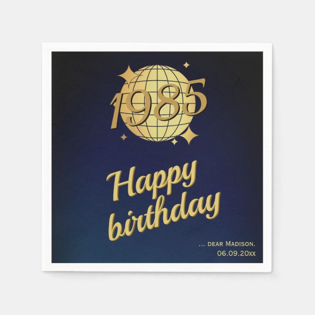 Born in 1985 40th birthday gold festive napkin (Front)