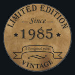 Born in 1985 vintage 40th birthday gift classic round sticker<br><div class="desc">You can add some originality to your wardrobe collection with this vintage retro rustic graphic design with awesome typography font lettering, a great gift for men, women, husbands, wives, girlfriend, and a boyfriend who will love this one-of-a-kind artwork. The best and most fun holiday present for your happy birthday party....</div>