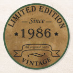 born in 1986 vintage birthday round paper coaster<br><div class="desc">You can add some originality to your wardrobe collection with this vintage retro rustic graphic design with awesome typography font lettering, a great gift for men, women, husbands, wives, girlfriend, and a boyfriend who will love this one-of-a-kind artwork. The best and most fun holiday present for your happy birthday party....</div>