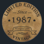 born in 1987 vintage birthday classic round sticker<br><div class="desc">You can add some originality to your wardrobe collection with this vintage retro rustic graphic design with awesome typography font lettering, a great gift for men, women, husbands, wives, girlfriend, and a boyfriend who will love this one-of-a-kind artwork. The best and most fun holiday present for your happy birthday party....</div>