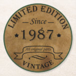 born in 1987 vintage birthday round paper coaster<br><div class="desc">You can add some originality to your wardrobe collection with this vintage retro rustic graphic design with awesome typography font lettering, a great gift for men, women, husbands, wives, girlfriend, and a boyfriend who will love this one-of-a-kind artwork. The best and most fun holiday present for your happy birthday party....</div>