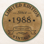 born in 1988 vintage birthday round paper coaster<br><div class="desc">You can add some originality to your wardrobe collection with this vintage retro rustic graphic design with awesome typography font lettering, a great gift for men, women, husbands, wives, girlfriend, and a boyfriend who will love this one-of-a-kind artwork. The best and most fun holiday present for your happy birthday party....</div>