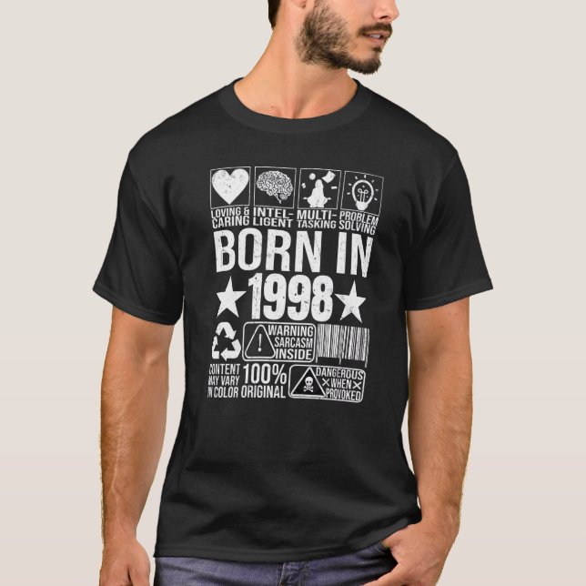 Born In 1998 Content Warning Label Barcode Birthda T-Shirt (Front)