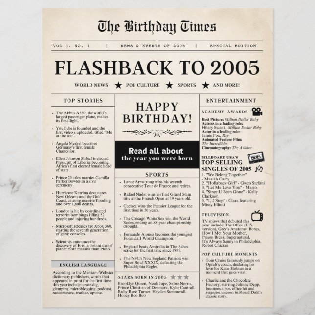 Born in 2005 Mock Newspaper sepia (Front)