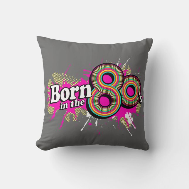 born in 80's retro grey pink cushion pillow (Front)