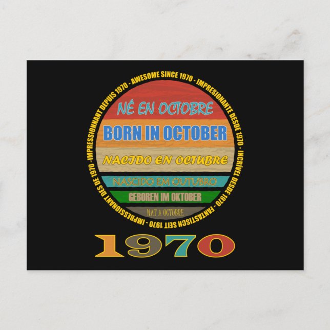 Born In October Awesome Since 1970 Many Languages Postcard (Front)