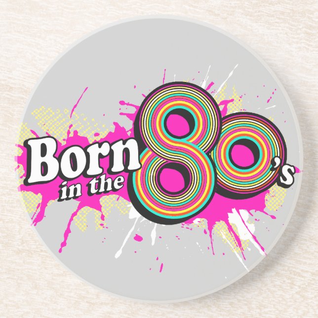 Born in the 80's pink grey graphic  coaster (Front)