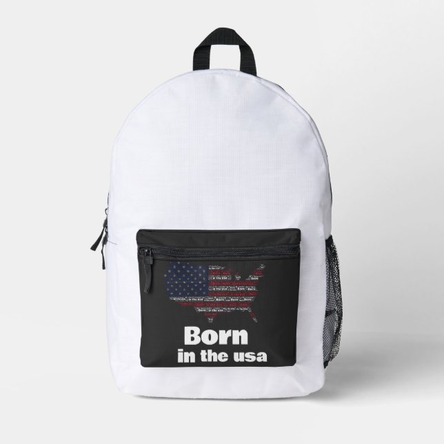 Born in the USA American Flag Typography Map Printed Backpack (Front)