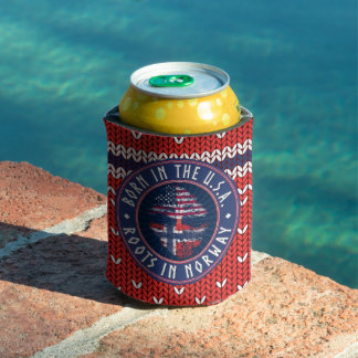 "Born in USA · Roots in Norway" in Blue Can Cooler