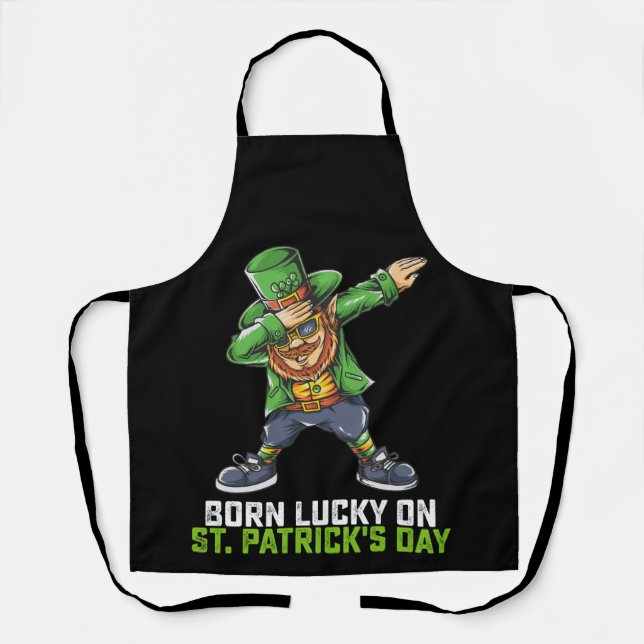 Born Lucky On St Patrick's Day Dabbing Birthday Apron (Front)