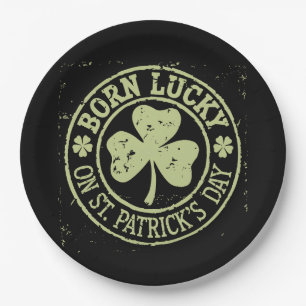 Born Lucky On St Patrick's Day Irish Birthday Paper Plate