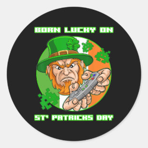 Born Lucky On St Patricks Day Video Gamer Gamercha Classic Round Sticker