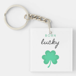 "BORN LUCKY SHAMROCK" DOUBLE SIDED KEYCHAIN. KEY RING