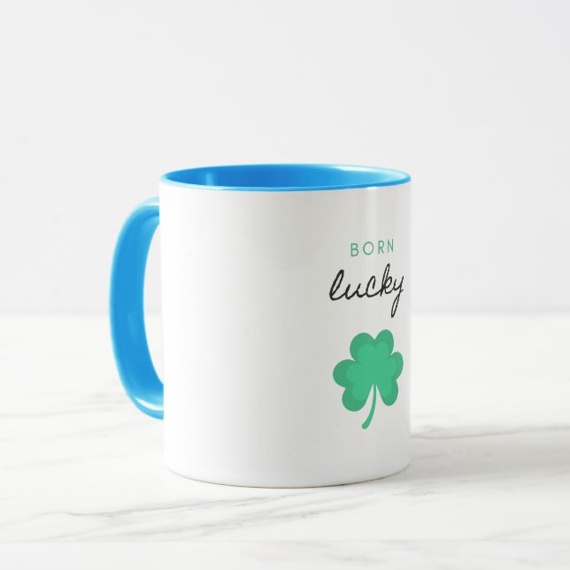 "BORN LUCKY SHAMROCK" TWO TONE MUG. MUG (Front Left)