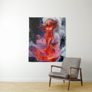 “Born of the Inferno” – Volcanic Woman Portrait Tapestry