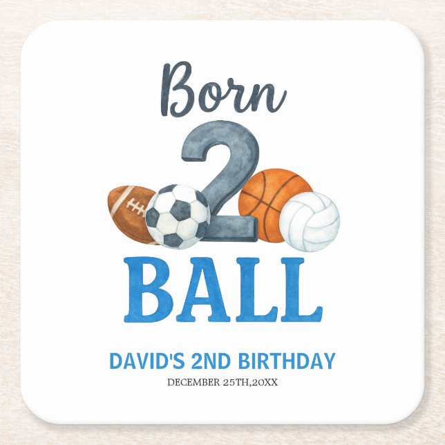 Born To Ball Sports Second Birthday  Square Paper Coaster (Front)