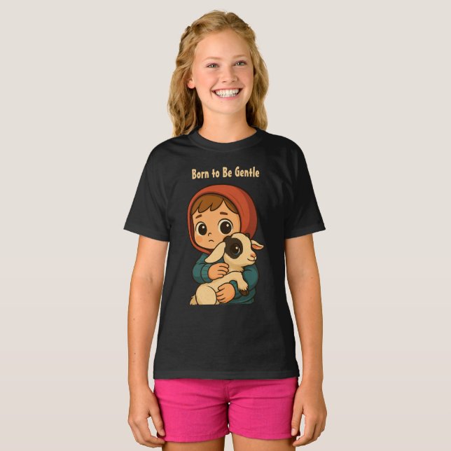 Born to Be Gentle" Cute Child & Lamb Illustration T-Shirt (Front Full)