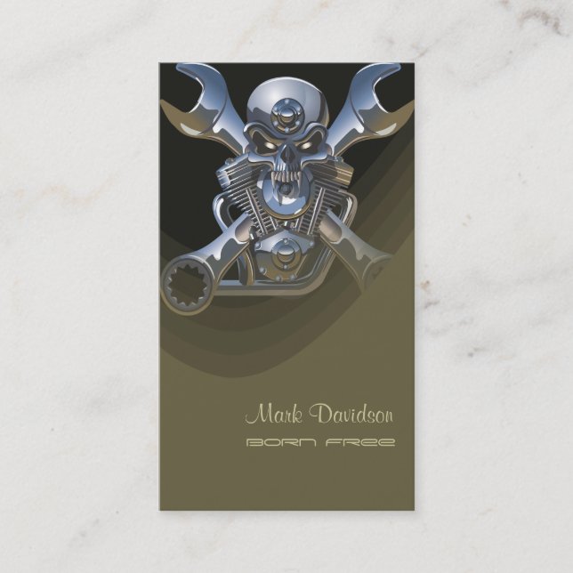 Born to be wild, Motorcycle wrench + skull Business Card (Front)