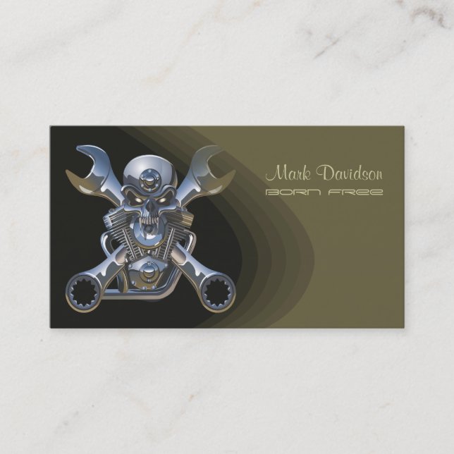 Born to be wild, Motorcycle wrench + skull Business Card (Front)