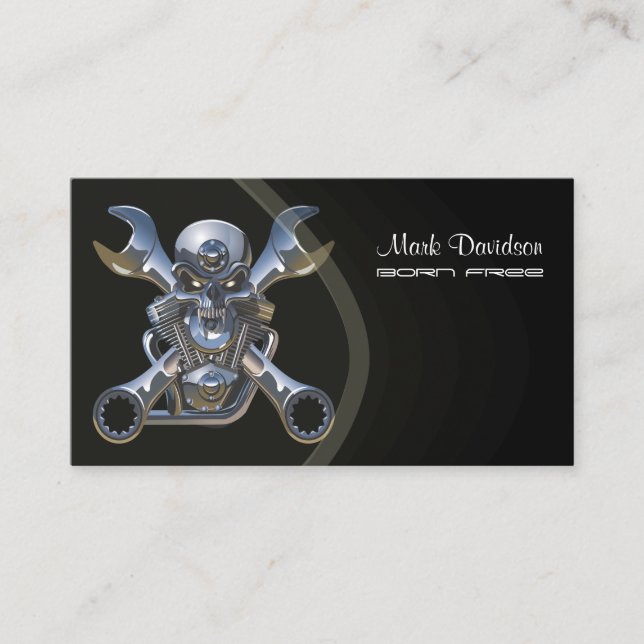 Born to be wild, Motorcycle wrench + skull Business Card (Front)