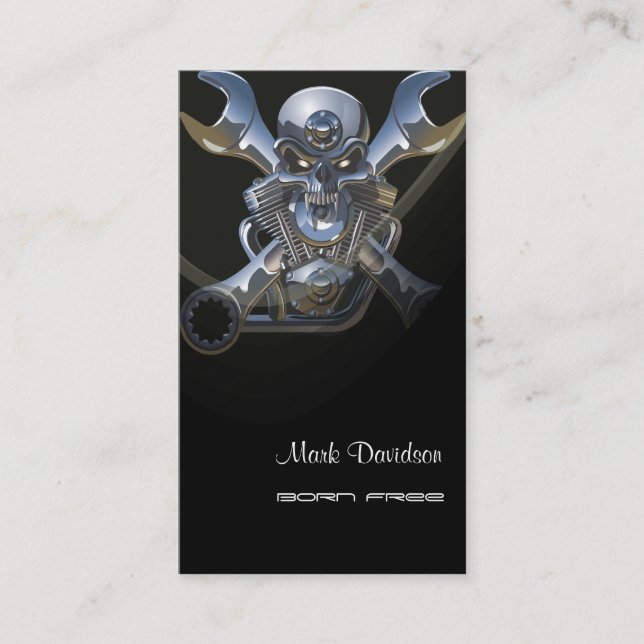 Born to be wild, Motorcycle wrench + skull Business Card (Front)