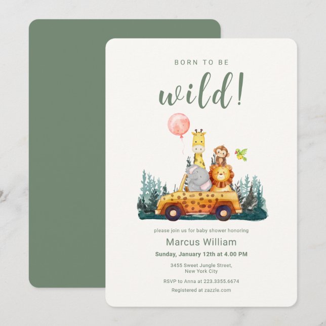 Born To Be Wild Safari Animals Baby Shower  Invitation (Front/Back)