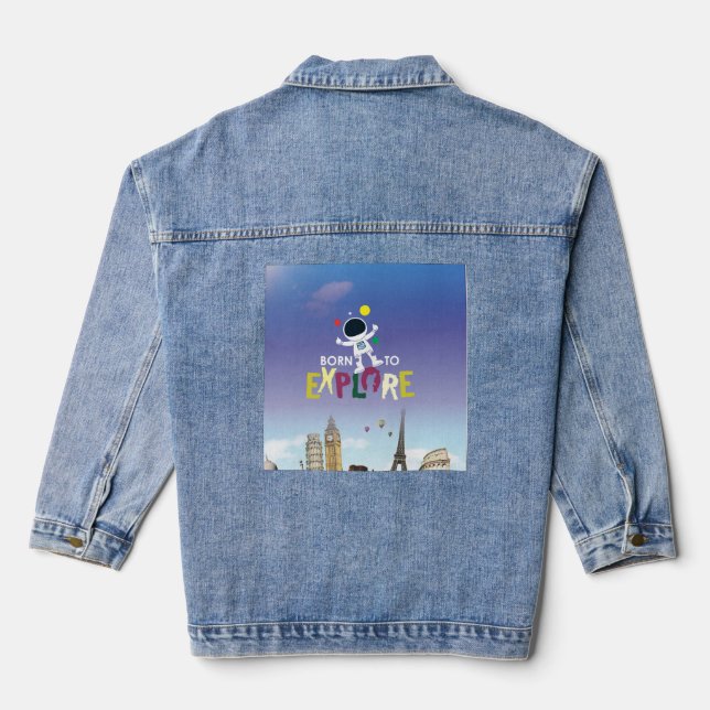 Born to Explore | Cute Astronaut Adventure Denim  Jacket (Back)