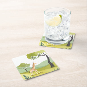 Born to Explore Giraffe Watercolor Painting Square Paper Coaster