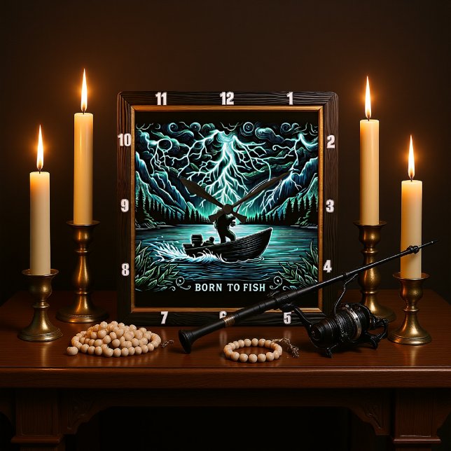 Born to Fish Aquatic Lightning Square Wall Clock (Creator Uploaded)