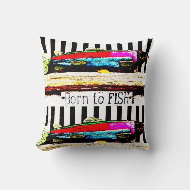 Born to fish,  colourful fisherman's pattern cushion (Front)
