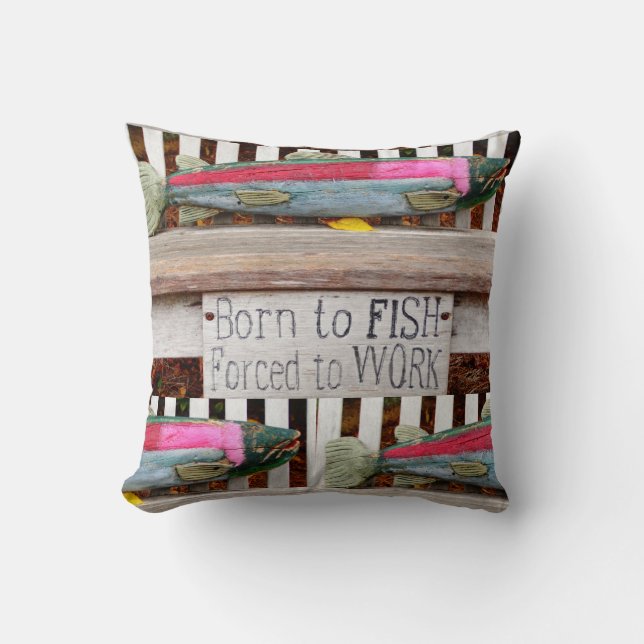 Born to fish,  colourful fisherman's pattern cushion (Front)