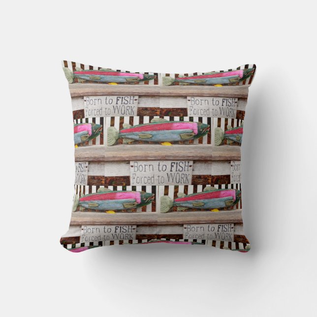 Born to fish,  colourful fisherman's pattern cushion (Front)