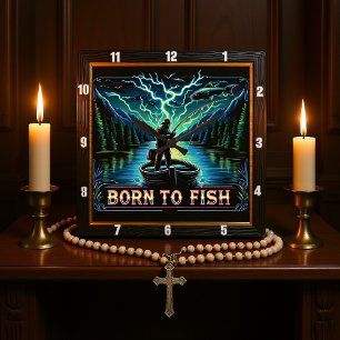 Born to Fish Neon Lake Fishing Square Wall Clock
