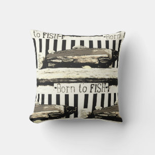 Born to fish,  sepia tone fisherman's pattern cushion