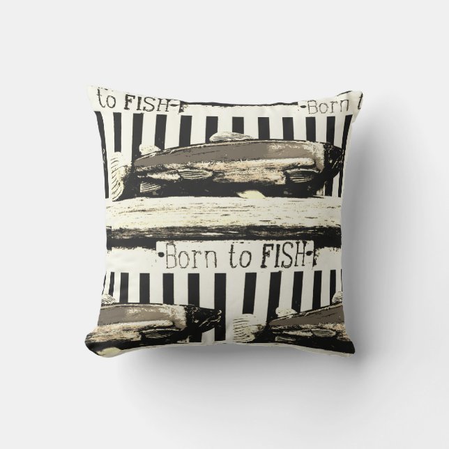 Born to fish,  sepia tone fisherman's pattern cushion (Front)
