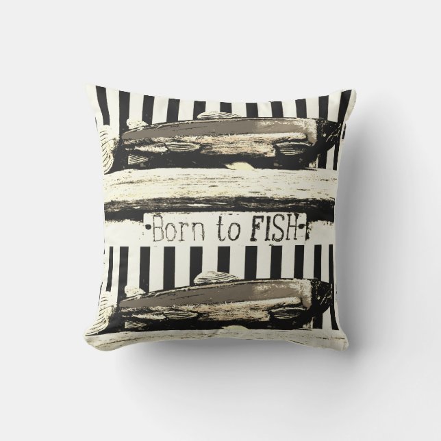 Born to fish, sepia tone fisherman's pattern cushion (Front)