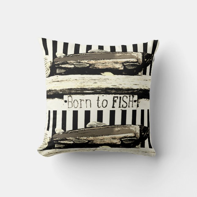 Born to fish, sepia tone fisherman's pattern cushion (Front)
