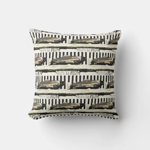 Born to fish,  sepia tone fisherman's pattern cushion