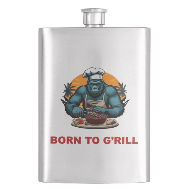 Born to G'rill BBQ Master Fun Pun Hip Flask (Front)