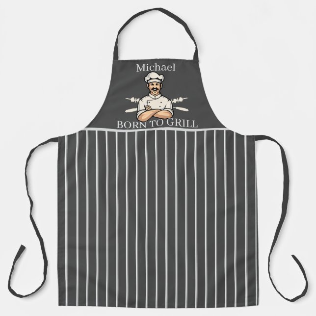 Born To Grill Dad Striped Grey And White Apron (Front)