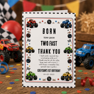 Born to Grow Two Fast Monster Trucks 2nd Birthday Thank You Card